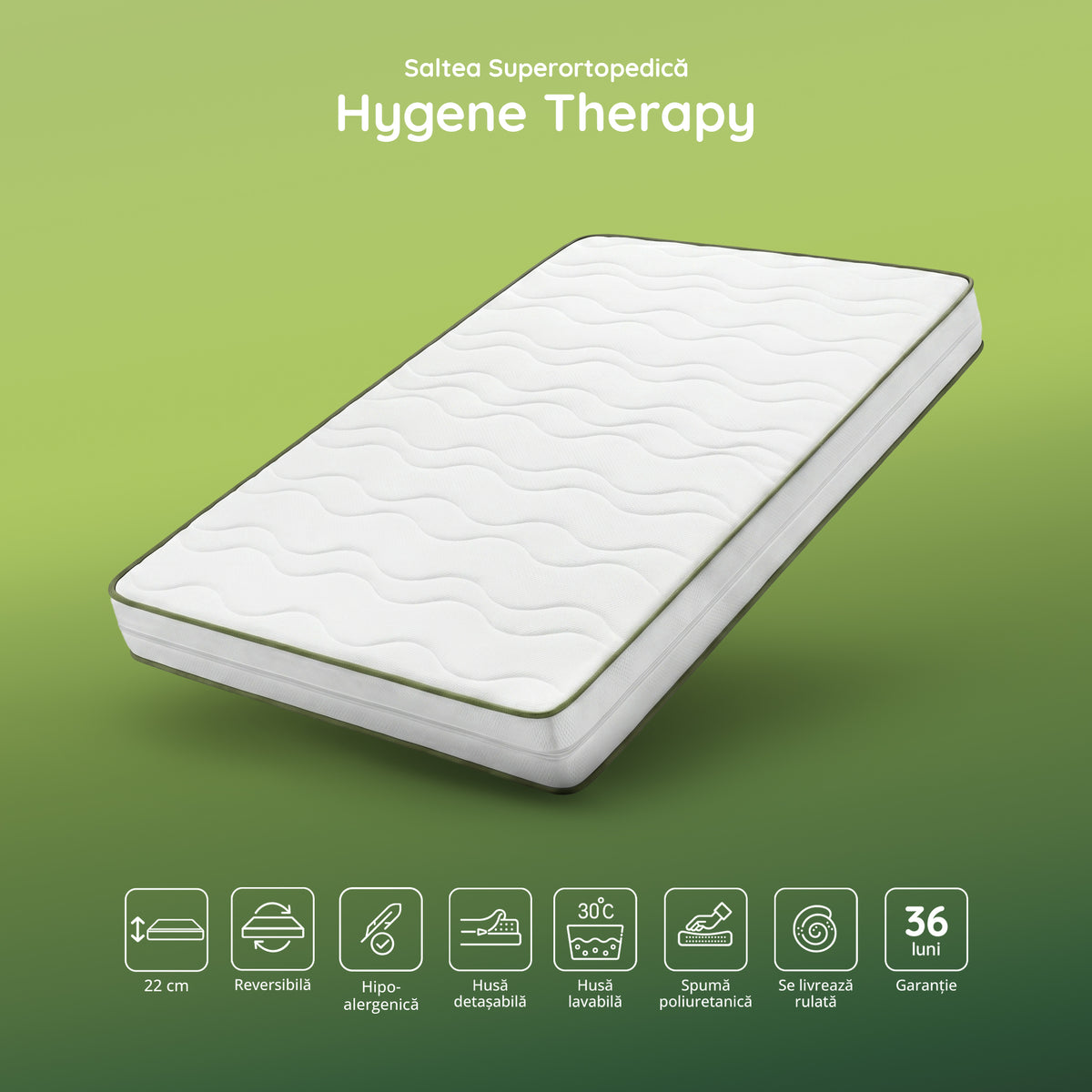 Saltea HYGENE THERAPY, spumă poliuretanică, reversibilă,  husă detașabilă cu fermoar, lavabilă, superortopedică, Grosime 22 cm - Prestige Home
