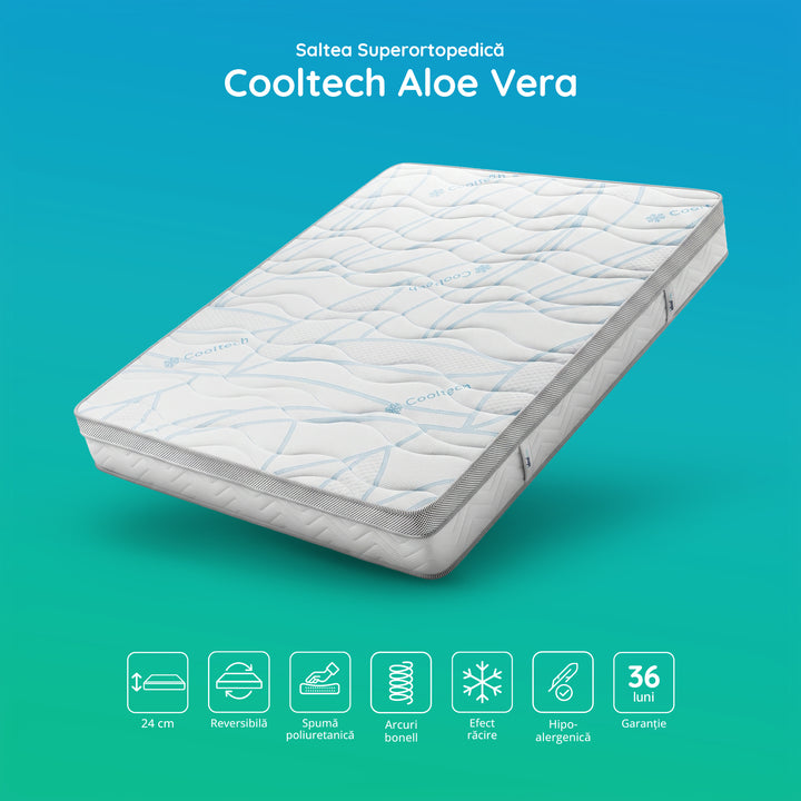 Saltea Ideal Sleep COOLTECH ALOE VERA, Arcuri Bonell, spumă poliuretanică pe multiple straturi, husă CoolTech, superortopedică, Grosime 24 cm