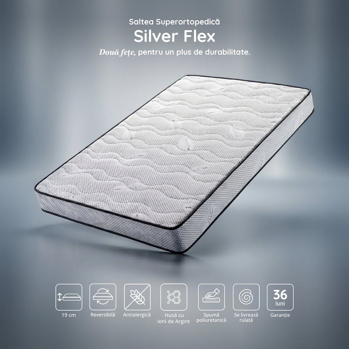 Saltea SILVER FLEX, spumă poliuretanică, reversibilă, hipoalergenică, super ortopedică, Grosime 19 cm  - Prestige Home