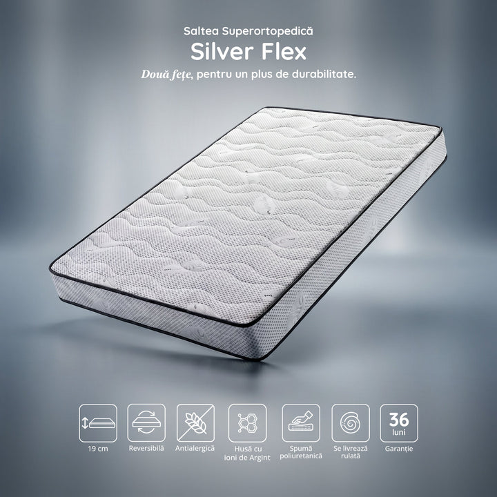 Saltea SILVER FLEX, spumă poliuretanică, reversibilă, hipoalergenică, super ortopedică, Grosime 19 cm  - Prestige Home