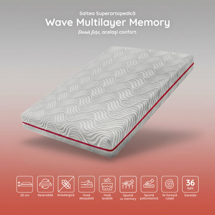 Saltea WAVE MULTILAYER, spumă cu memorie, spumă reziliență mare, husă hipoalergenică detașabilă și lavabilă, superortopedică, grosime 20 cm-Saltele-Prestige-120x190-Prestige Home