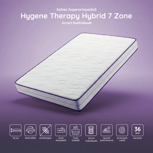Saltea HYGENE THERAPY HYBRID, 7 zone de confort, Arcuri Individuale, husă detașabilă cu fermoar, lavabilă, superortopedică, Grosime 24 cm