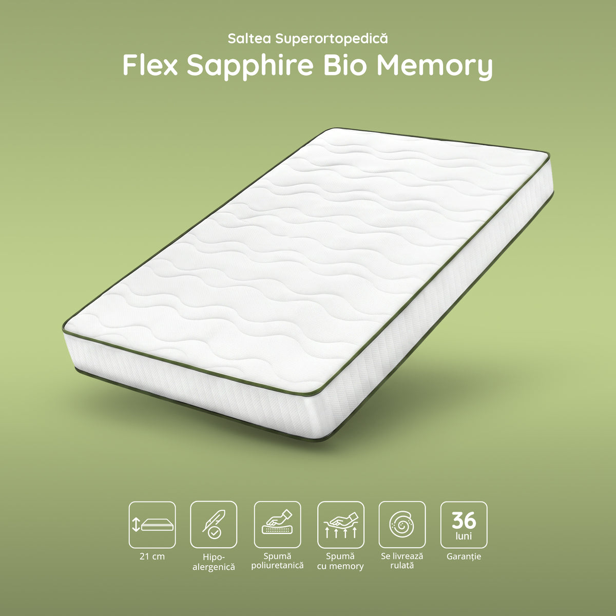 Saltea FLEX SAPPHIRE BIO MEMORY 14+5, spumă poliuretanică elastică, spumă cu memorie, husă cu efect antialergic, superortopedică, Grosime 21 cm