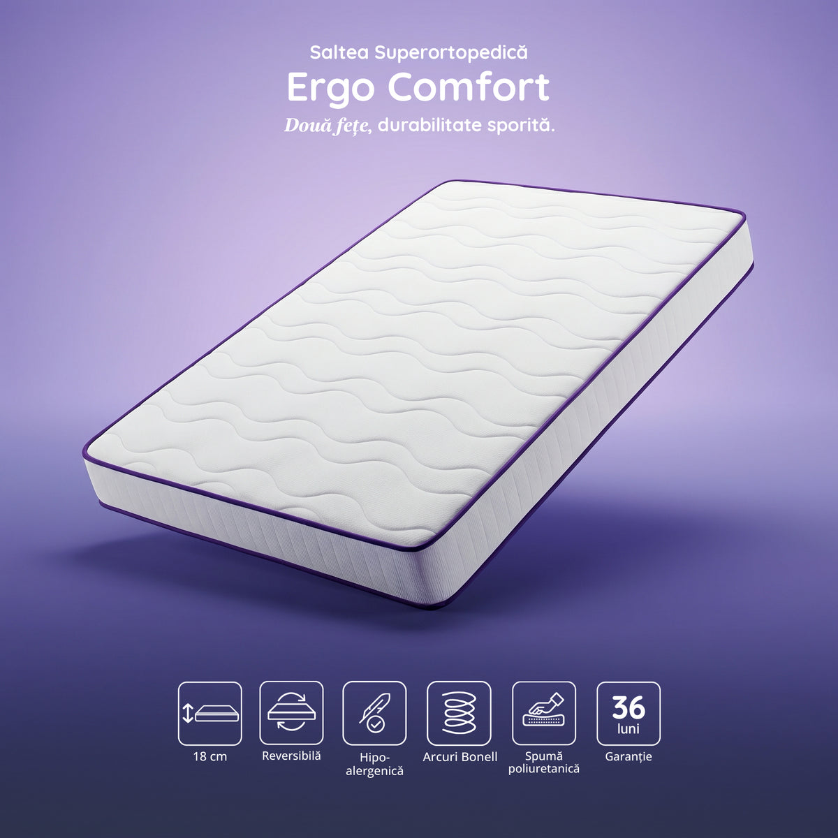 Saltea ERGO COMFORT, ortopedică, cu spumă poliuretanică și arcuri, Grosime 18 cm