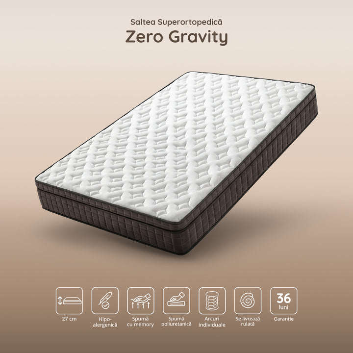 Saltea ZERO GRAVITY, 7 zone de confort, Arcuri Individuale, spumă poliuretanică elastică, spumă cu memorie, husă cu efect antialergic, superortopedică, Grosime 27 cm