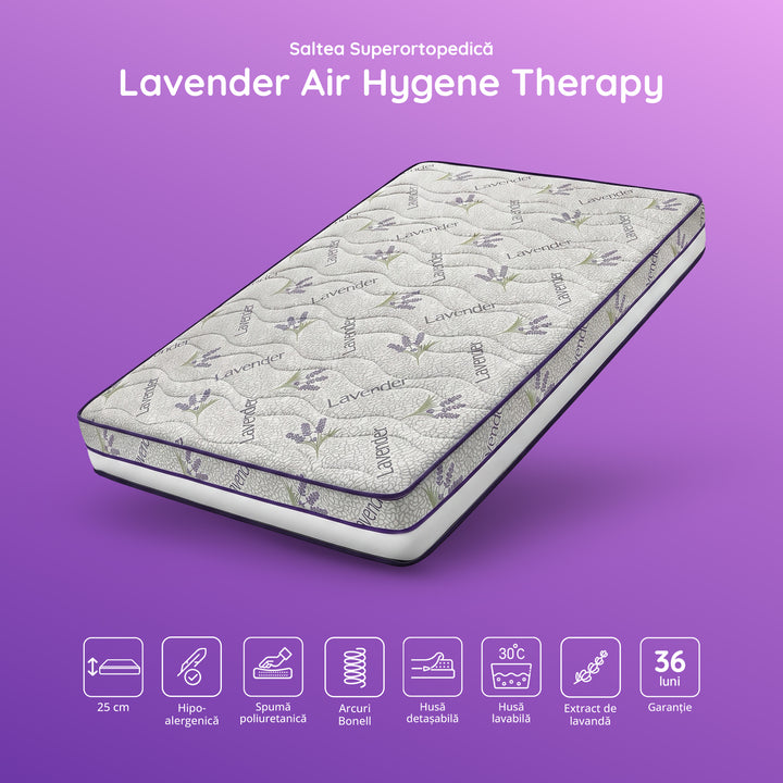 Saltea LAVENDER AIR HYGENE THERAPY,  husă detașabilă, superortopedică, cu spumă poliuretanică și arcuri, Grosime 25 cm