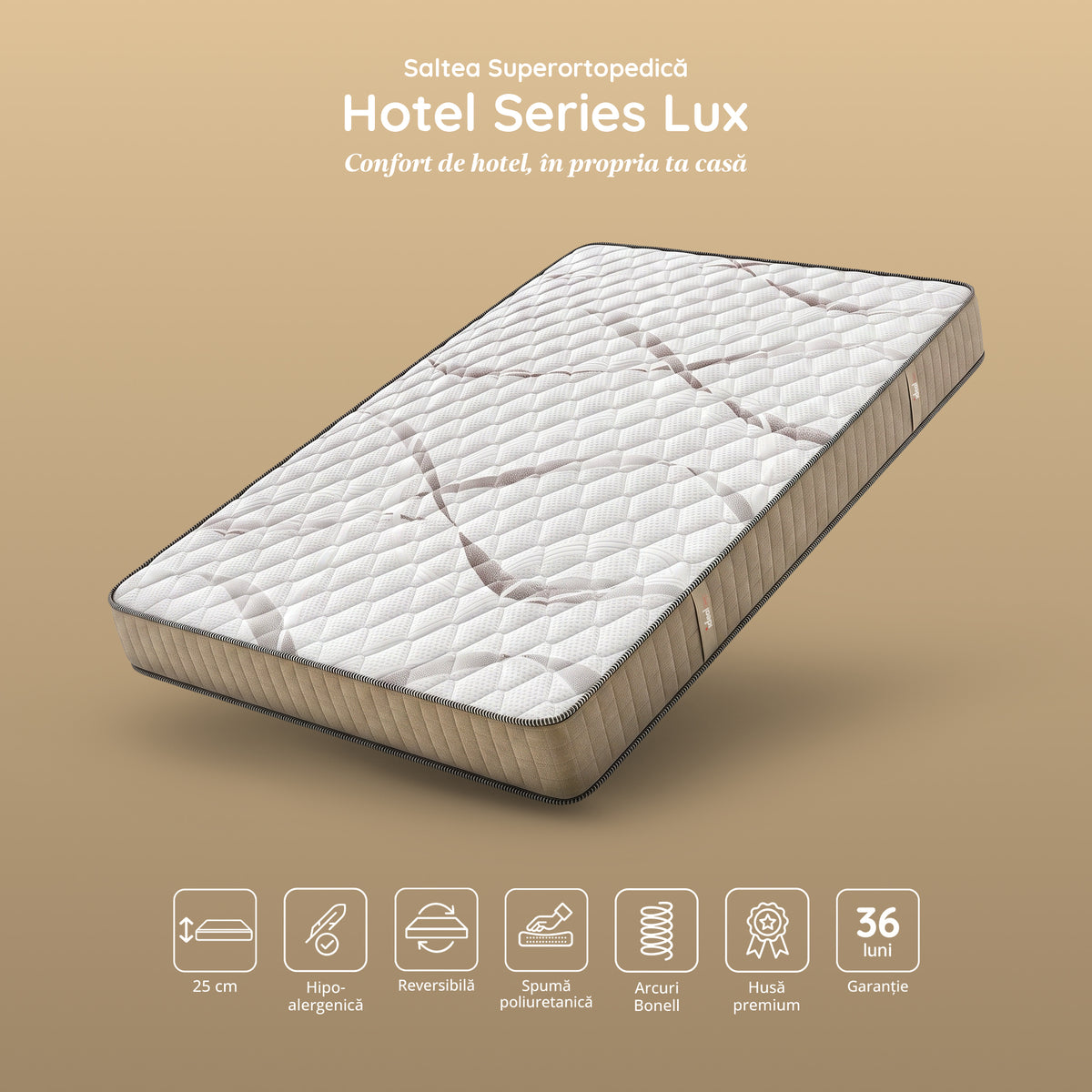 Saltea Ideal Sleep HOTEL SERIES LUX, superortopedică, cu spumă poliuretanică și arcuri, husă cu aerisire optimă, Grosime 25 cm