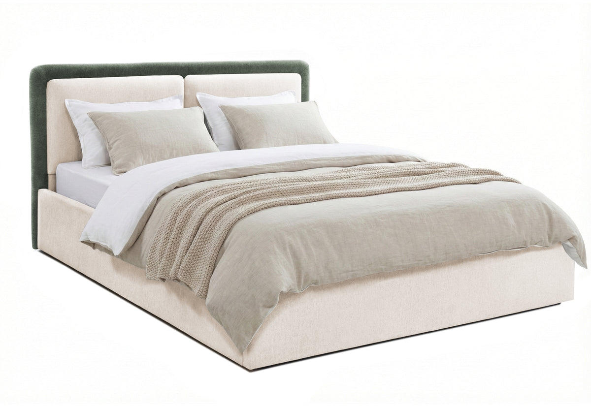 Pat Tapițat PIEMONTE, cu somieră rabatabilă și ladă de depozitare, #color_loft-verde-inchis-crem