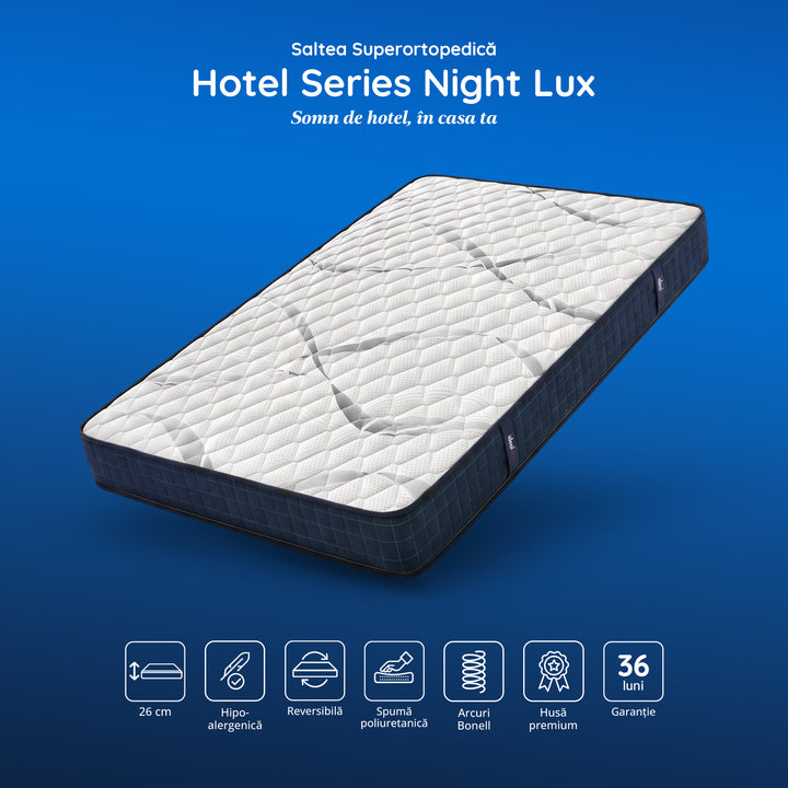 Saltea Ideal Sleep HOTEL SERIES NIGHT LUX, superortopedică, cu spumă poliuretanică și arcuri, husă cu aerisire optimă, Grosime 26 cm