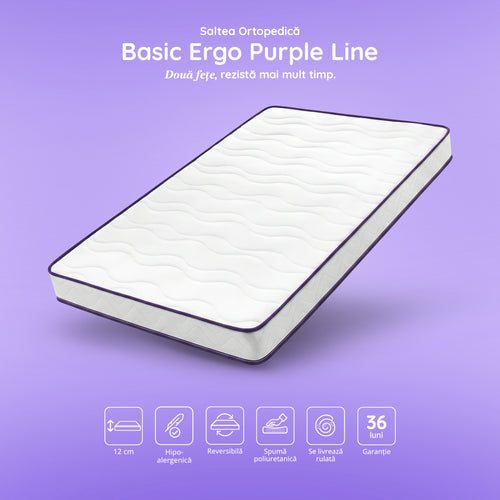 Saltea BASIC ERGO PURPLE LINE, spumă poliuretanică, reversibilă, hipoalergenică, ortopedică, Grosime 12 cm - Prestige Home
