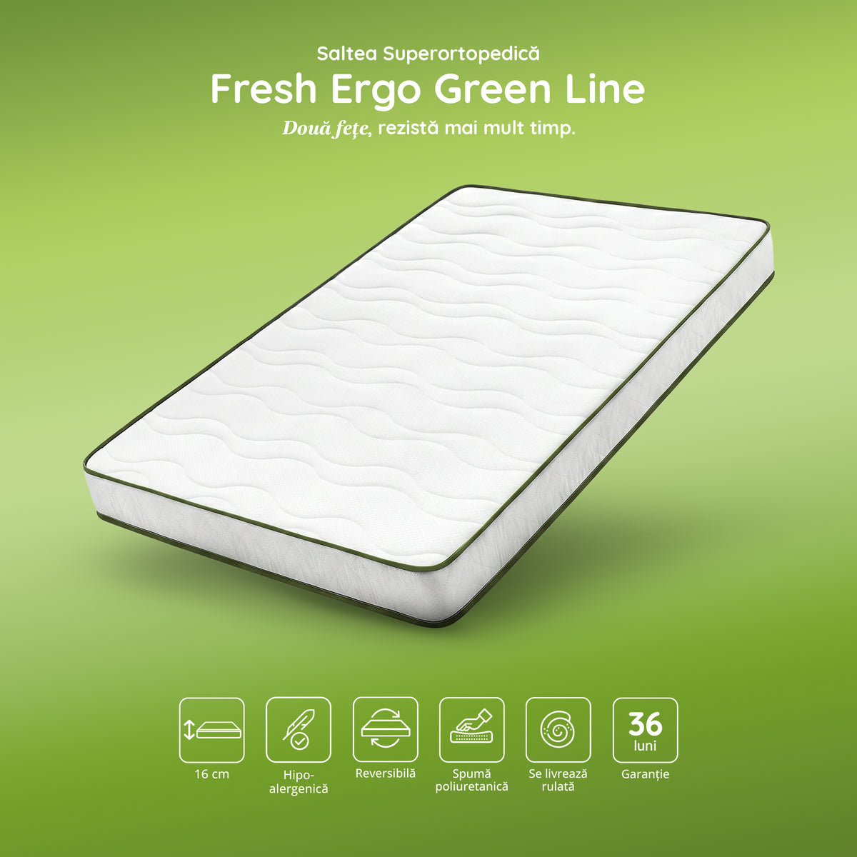 Saltea FRESH ERGO GREEN LINE, spumă poliuretanică, reversibilă, hipoalergenică, ortopedică, Grosime 16 cm  - Prestige Home
