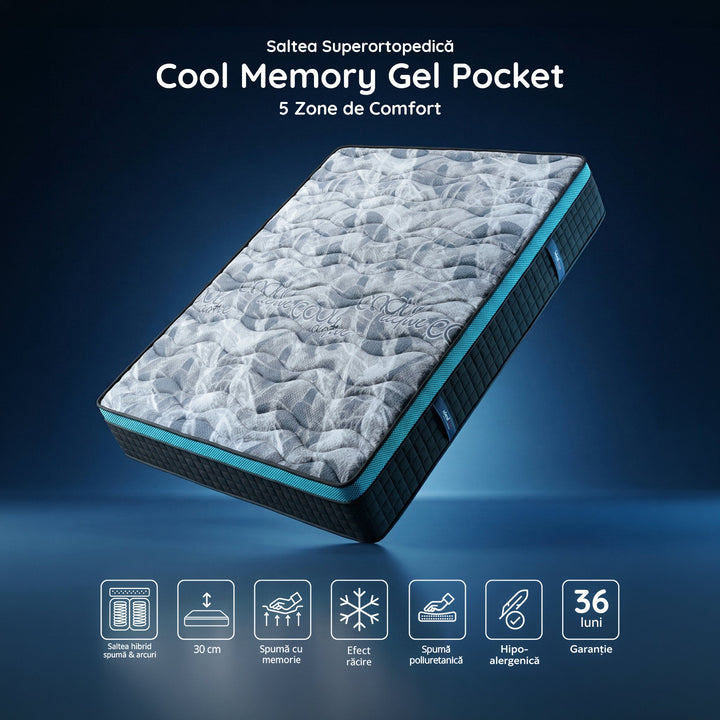 Saltea Ideal Sleep COOL MEMORY GEL POCKET 5 Zone, Arcuri individuale, spumă poliuretanica elastică, spumă cu memorie cu gel de răcire, husă CoolActive, superortopedică, Grosime 30 cm