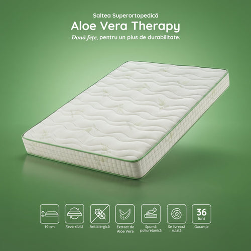 Saltea ALOE VERA THERAPY, spumă poliuretanică, reversibilă, hipoalergenică, super ortopedică, Grosime 19 cm   - Prestige Home 