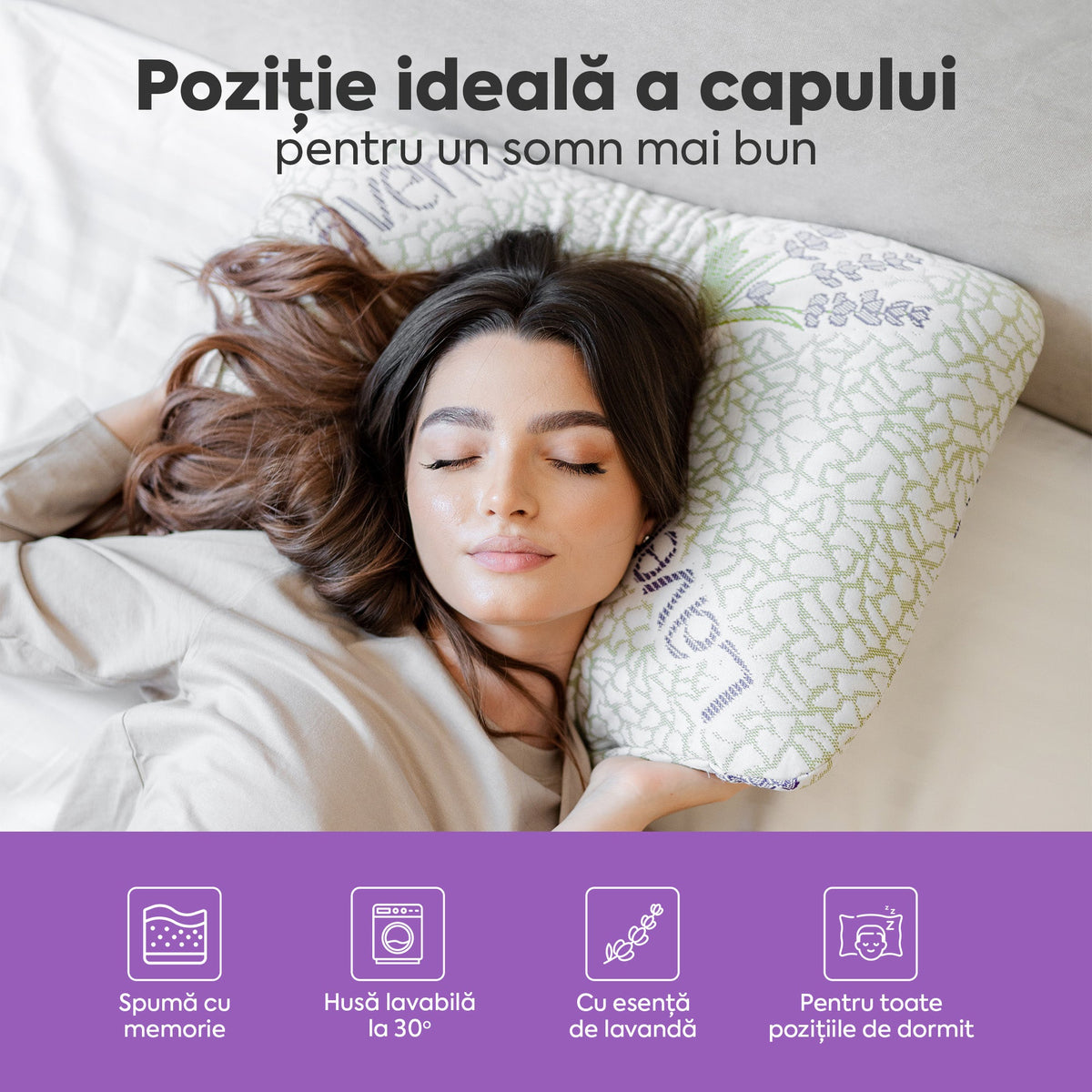 Pernă Lavander Therapy, din spumă cu memorie flexibilă, husă detașabilă și lavabilă, 60x40x15 cm - Prestige Home