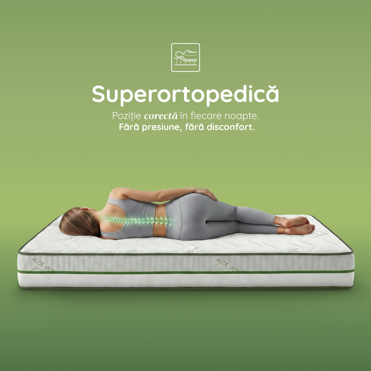Saltea ALOE VERA HYGENE BIO MEMORY 18+5, 7 zone de confort, spumă poliuretanică elastică, spumă cu memorie, husă detașabilă cu fermoar, lavabilă, superortopedică, Grosime 25 cm - Prestige Home