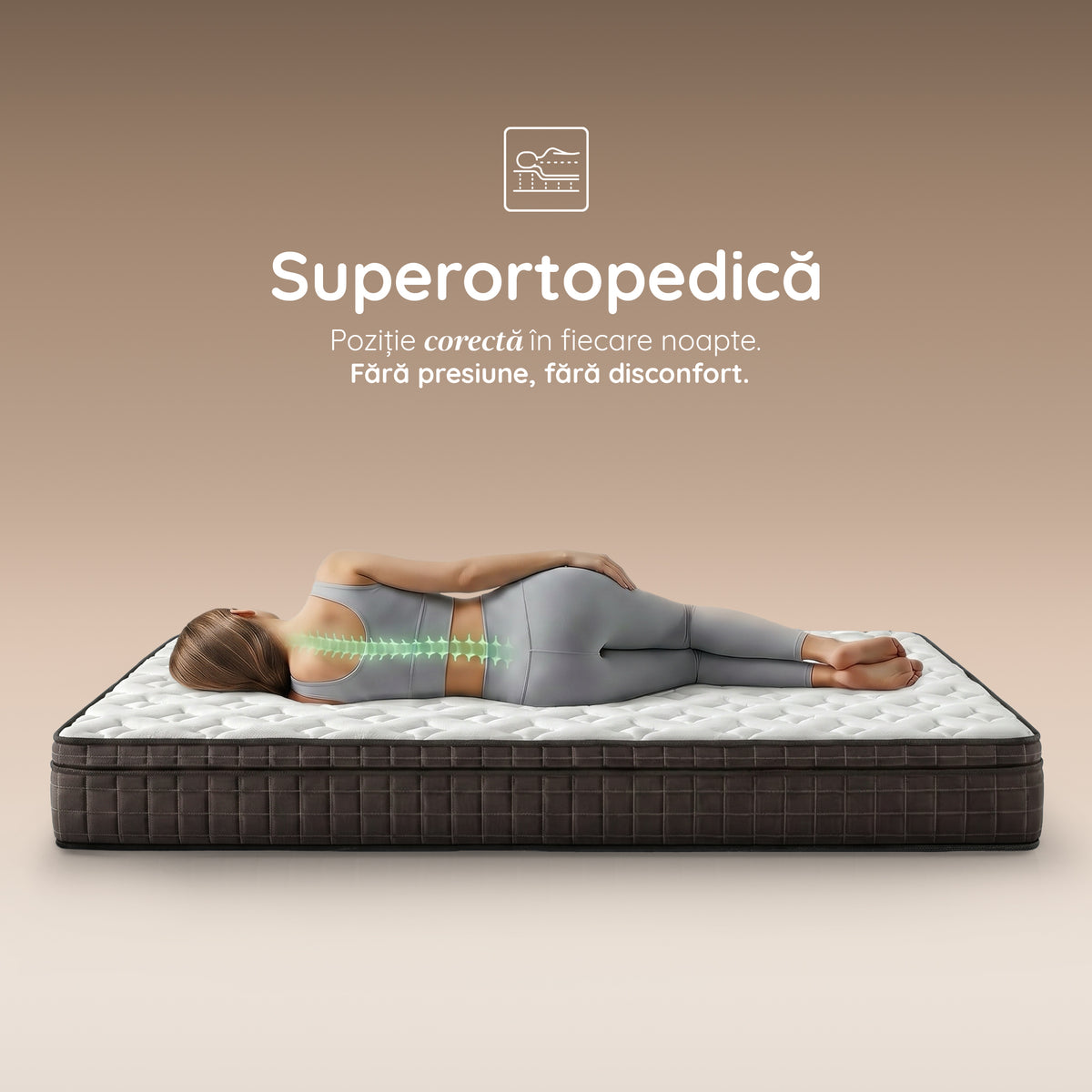 Saltea ZERO GRAVITY, 7 zone de confort, Arcuri Individuale, spumă poliuretanică elastică, spumă cu memorie, husă cu efect antialergic, superortopedică, Grosime 27 cm