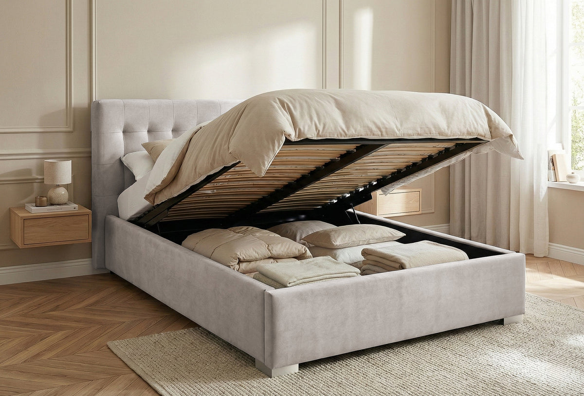 Pat Tapitat Strasbourg, cu Lada Rabatabil, Velur-Menta, Prestigehome.ro, Prestige, #Color_swing-bej