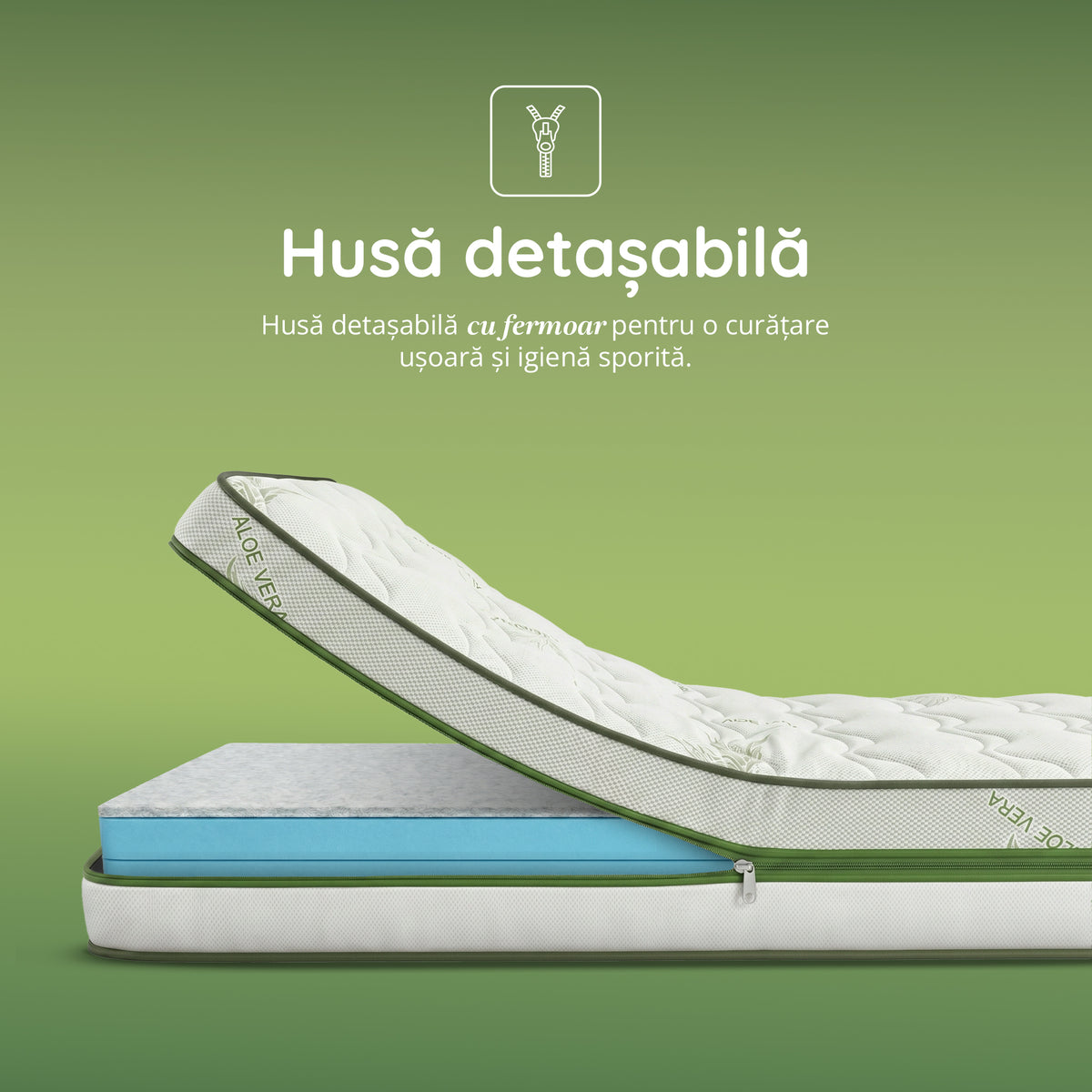 Saltea ALOE VERA HYGENE BIO MEMORY 18+5, 7 zone de confort, spumă poliuretanică elastică, spumă cu memorie, husă detașabilă cu fermoar, lavabilă, superortopedică, Grosime 25 cm - Prestige Home