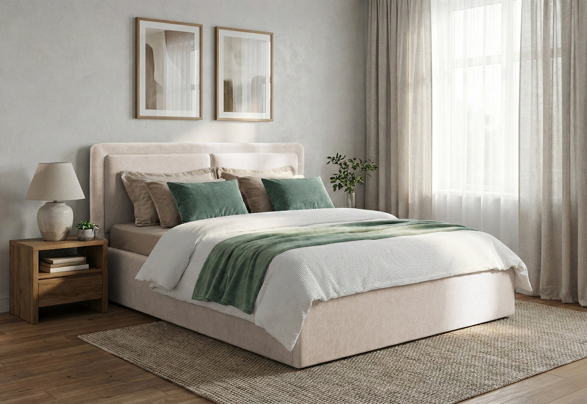 Pat Tapițat PIEMONTE, cu somieră rabatabilă și ladă de depozitare, #color_loft-crem