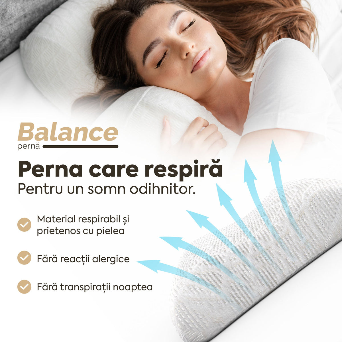Pernă anatomică Balance, din spumă cu memorie Viscolex și husă detașabilă cu sistem de ventilație al aerului, 60x38x10 cm - Prestige Home