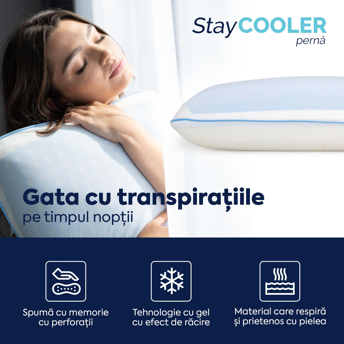 Pernă Stay Cooler, din spumă cu memorie Viscolex cu efect de răcire, husă detașabilă cu efect de ventilație al aerului, 60x40x15 cm - Prestige Home
