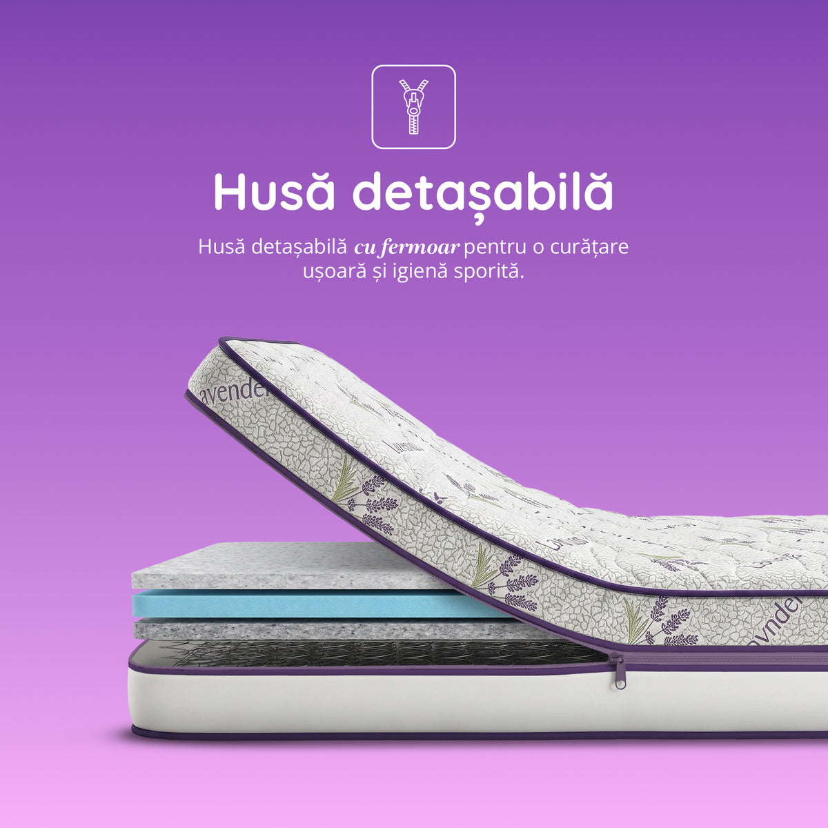 Saltea LAVENDER AIR HYGENE THERAPY,  husă detașabilă, superortopedică, cu spumă poliuretanică și arcuri, Grosime 25 cm
