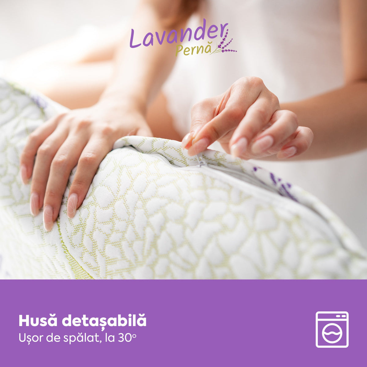 Pernă Lavander Therapy, din spumă cu memorie flexibilă, husă detașabilă și lavabilă, 60x40x15 cm - Prestige Home