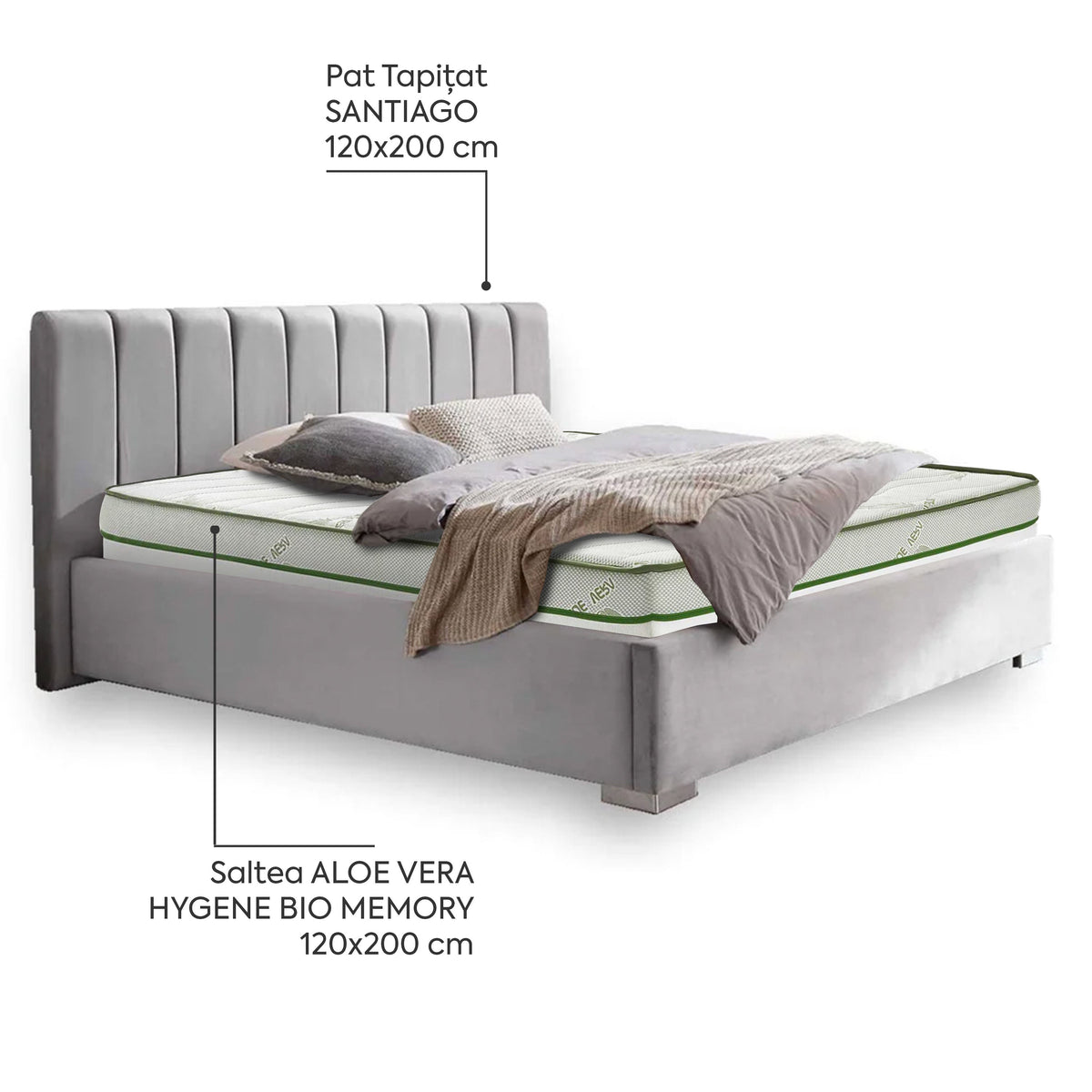 Pachet Pat + Saltea 120x200 Premium Single-Seturi Paturi + Saltele-Prestige Home-Swing-Gri-Prestige Home