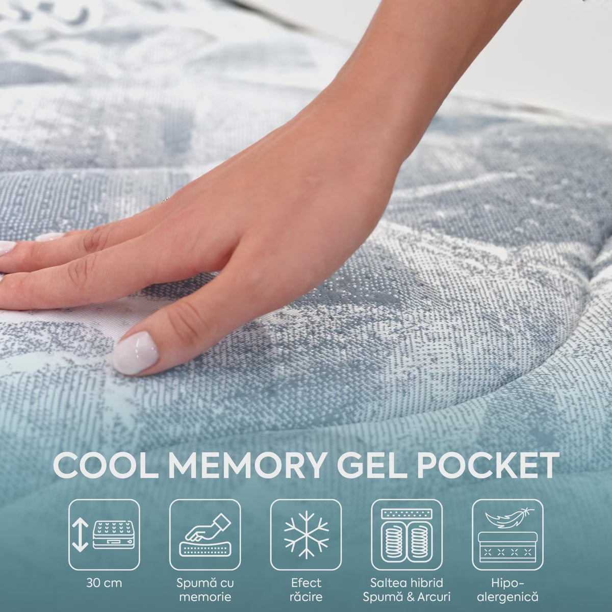 Saltea Ideal Sleep COOL MEMORY GEL POCKET 5 Zone, Arcuri individuale, spumă poliuretanica elastică, spumă cu memorie cu gel de răcire, husă CoolActive, superortopedică, Grosime 30 cm